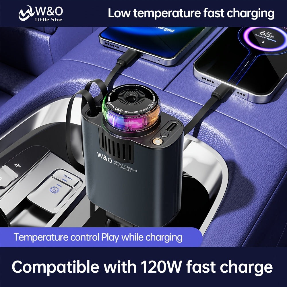3-in-1 Car Charger, Air Freshener & Starry Sky Ceiling Light – Retractable Type-C & Lightning Cable, Aromatherapy Perfume