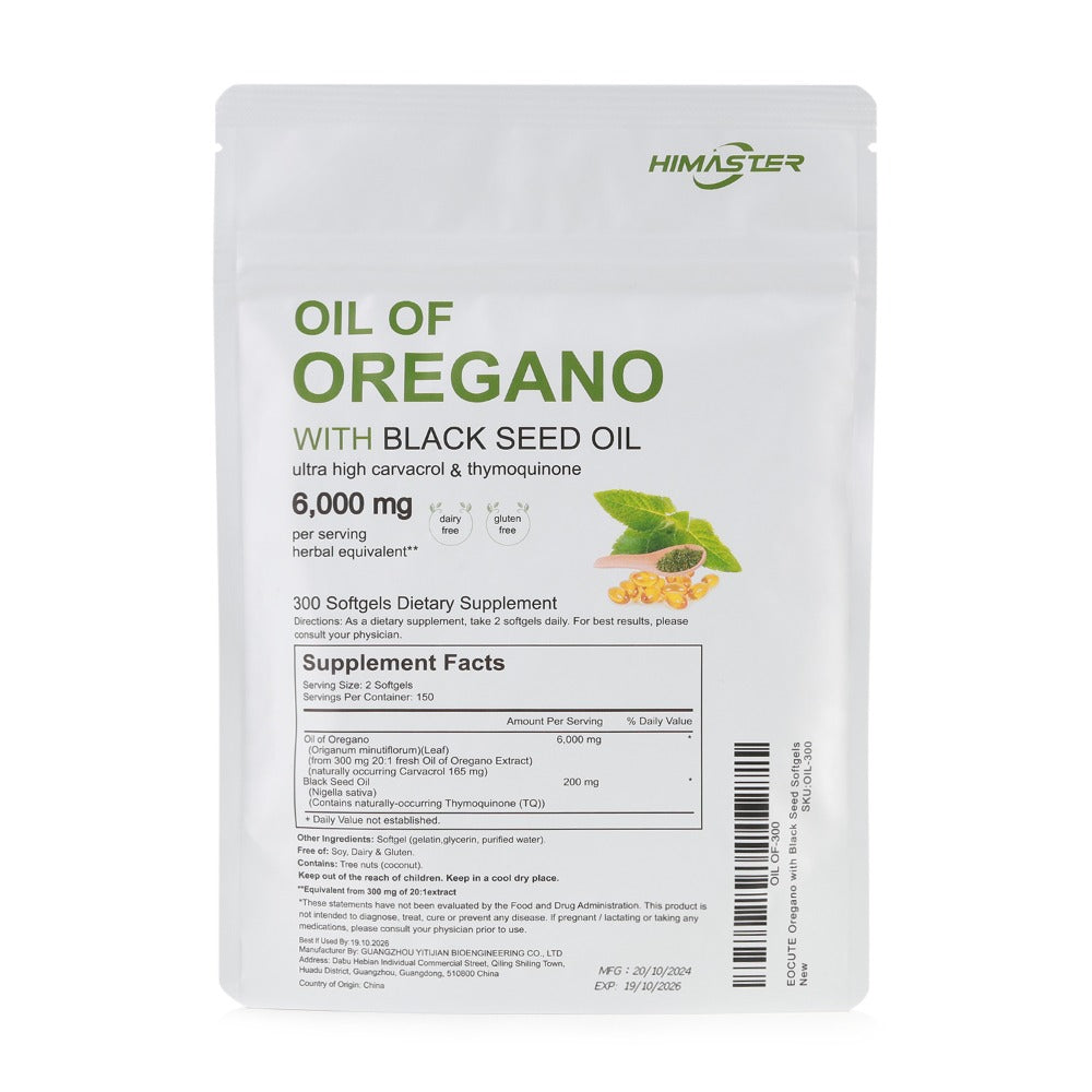 Herbal Supplement with HIMASTER Label, Oil of Oregano 6000mg per Serving with Black Seed Oil, 300 Softgels
