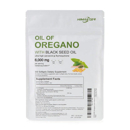 Herbal Supplement with HIMASTER Label, Oil of Oregano 6000mg per Serving with Black Seed Oil, 300 Softgels