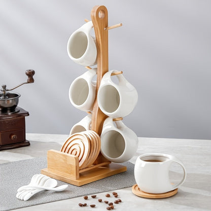 Ceramic Coffee Cup Set of 6 with Wooden Coasters & Cup Holder, 200ml Latte Cappuccino Espresso Tea Mugs