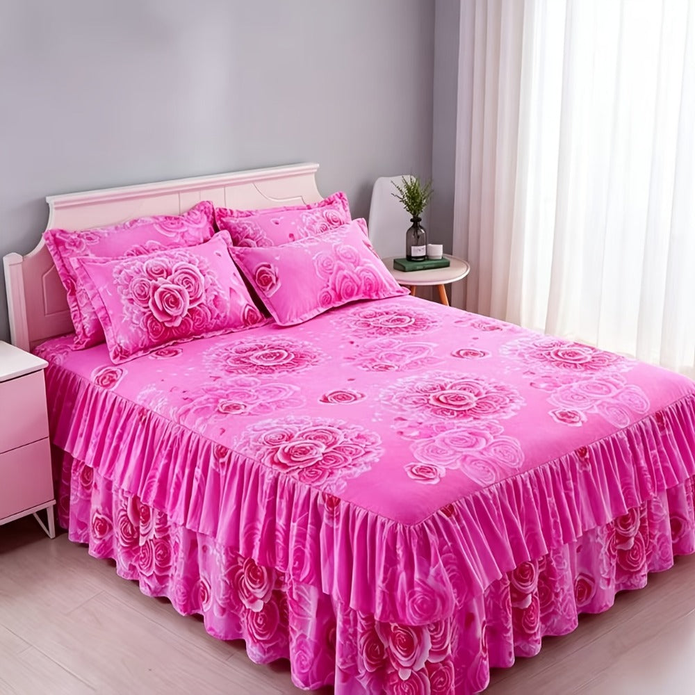 Floral Bed Skirt Set 3 Piece Tropical Print Ruffle Bed Skirt with 2 Pillowcases All-Season Polyester Machine Washable Bedroom Bedding Set