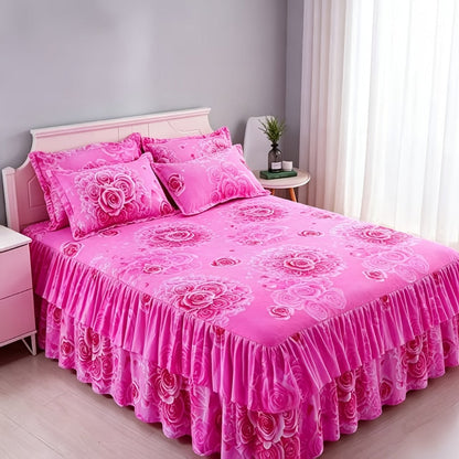 Floral Bed Skirt Set 3 Piece Tropical Print Ruffle Bed Skirt with 2 Pillowcases All-Season Polyester Machine Washable Bedroom Bedding Set