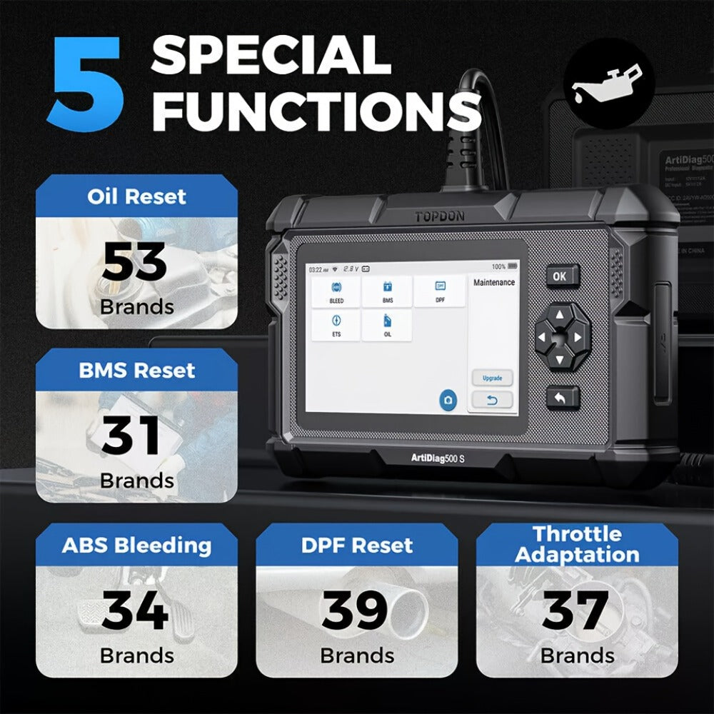 OBD2 Scanner with ABS SRS Engine Transmission Diagnostics 5 Reset Services Oil BMS DPF Throttle – TOPDON AD500S WiFi 5-Inch Touchscreen 90+