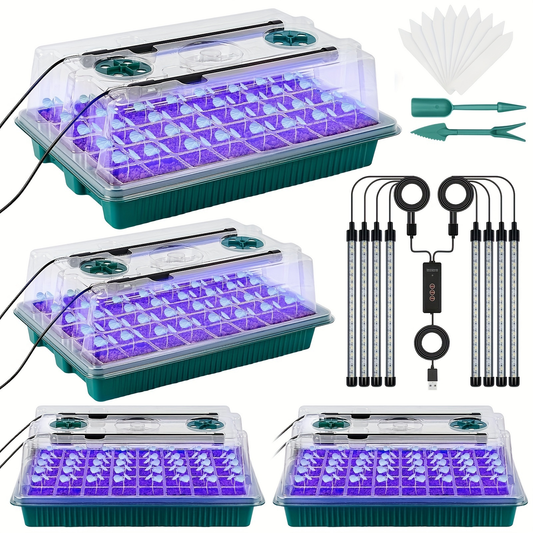 Seed Starting Tray Kit 4-Set 160 Cells High Dome | 8 LED Grow Lights Smart Timer 3 Modes 5 Brightness | Indoor Greenhouse Germination