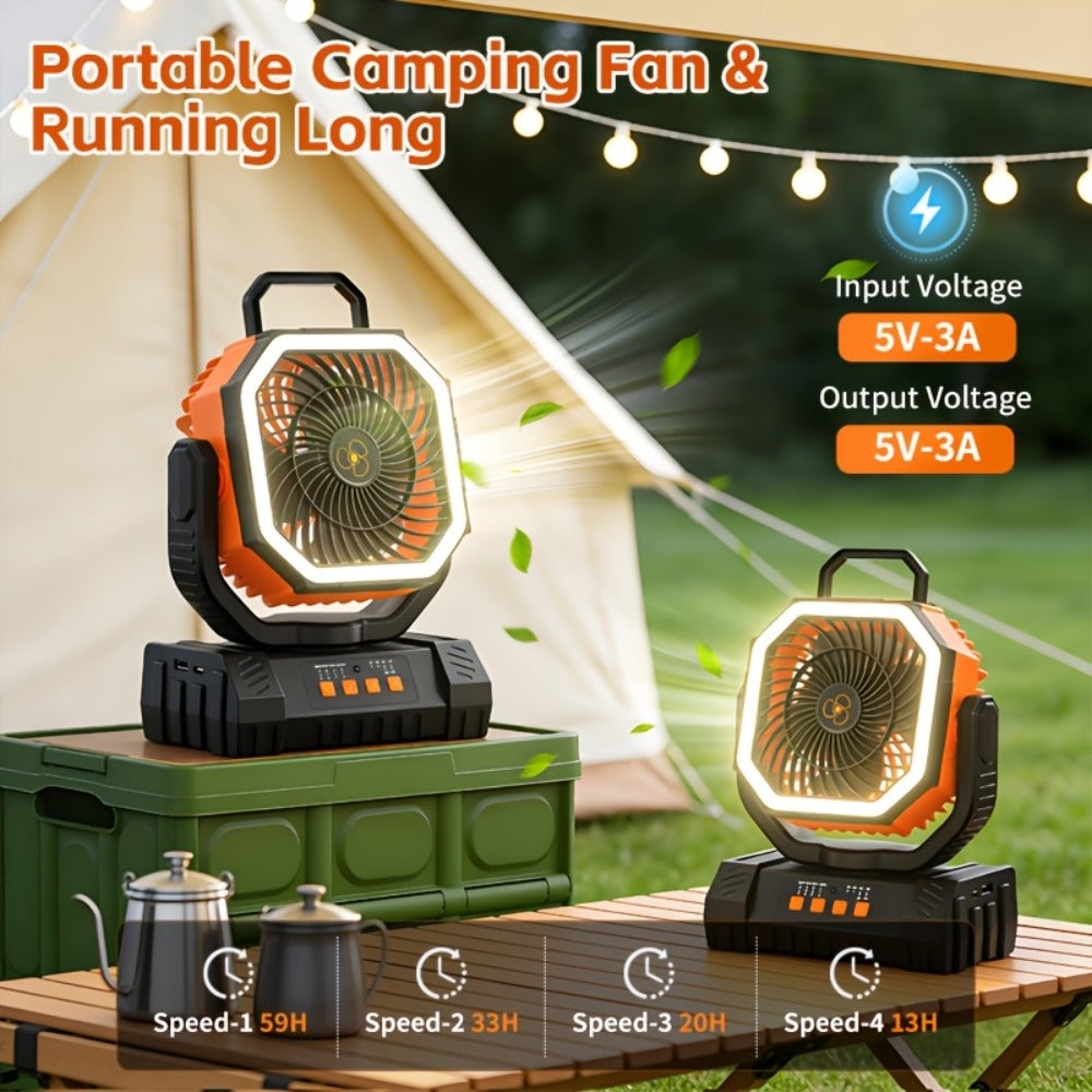 Camping Fan 20000mAh Tabletop and Hanging Fan with 4 Speeds, 13-59 Hour Labeled Runtime, LED Ring and Remote