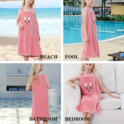 Bunny Ears Bath Towel Wrap for Girls - 250GSM Microfiber Cartoon Bath Skirt, Cute Kawaii Robe for Ages 6-12