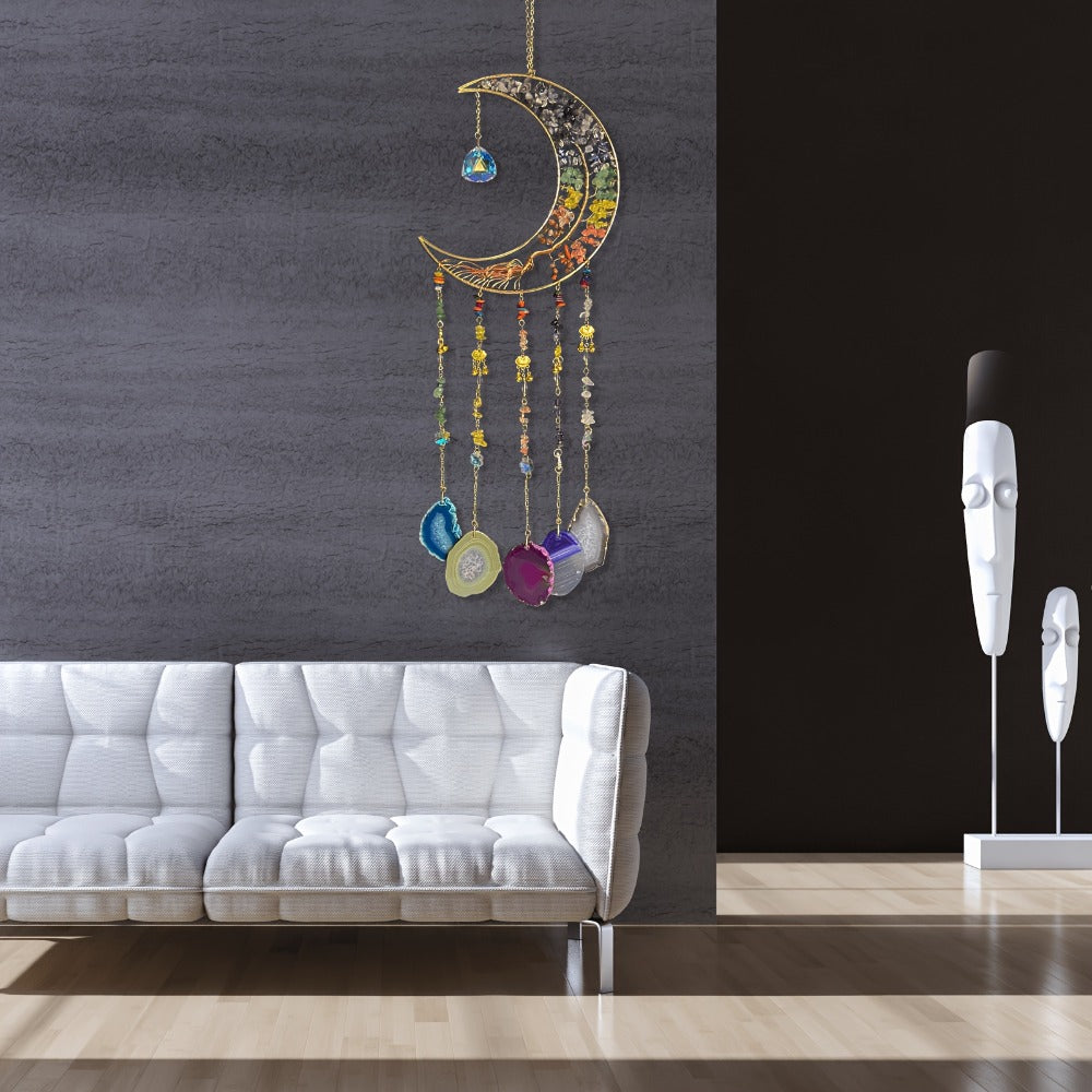 Moon Agate Tree Hanging Ornament Handmade Boho Suncatcher Wall Decor - Crystal Window Sun for Entryways, Bedrooms and Living Spaces