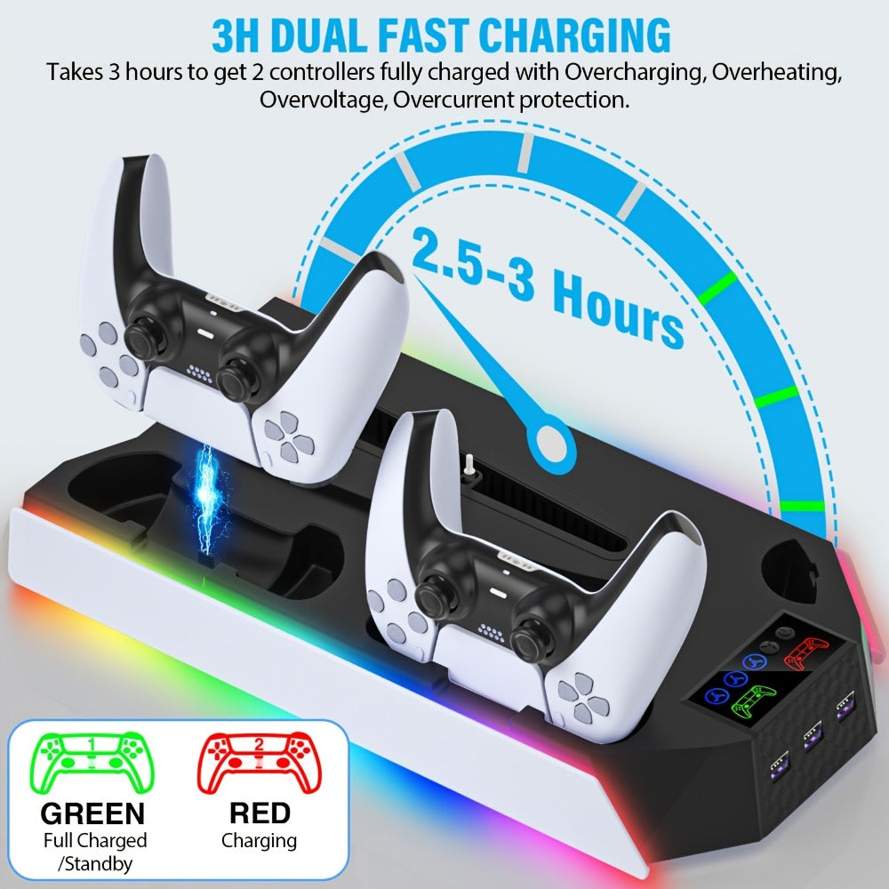 Headset Holder PS5 Cooling Stand with RGB Light, 3-Level Fan, Controller Charger & 3 USB Ports