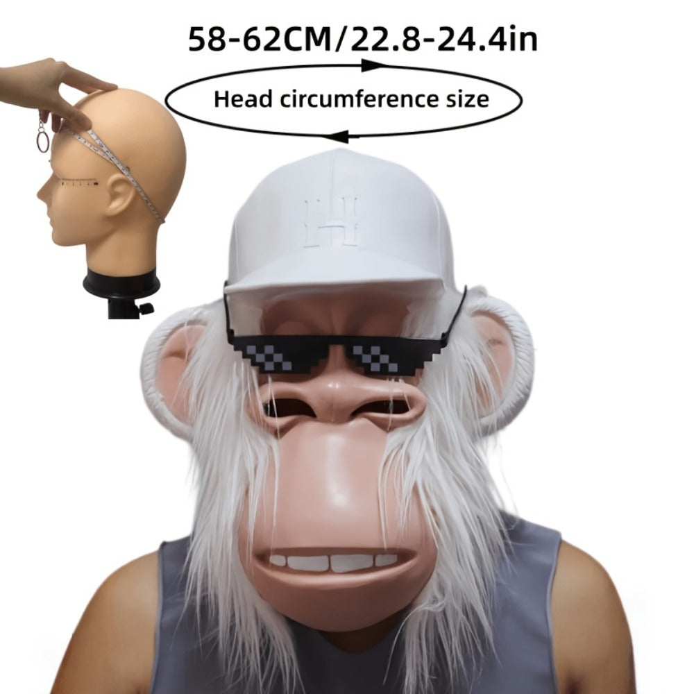 White-Haired Cartoon Ape Full-Head Costume Mask with White Cap and Pixel-Style Glasses in Two Face Styles
