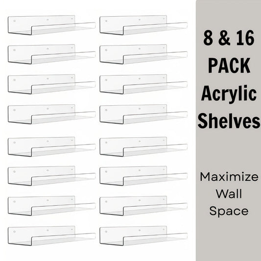 Clear Acrylic Wall Display Shelf Set in 15 x 4-Inch Size with 4, 8 or 16 Shelves and Mounting Hardware