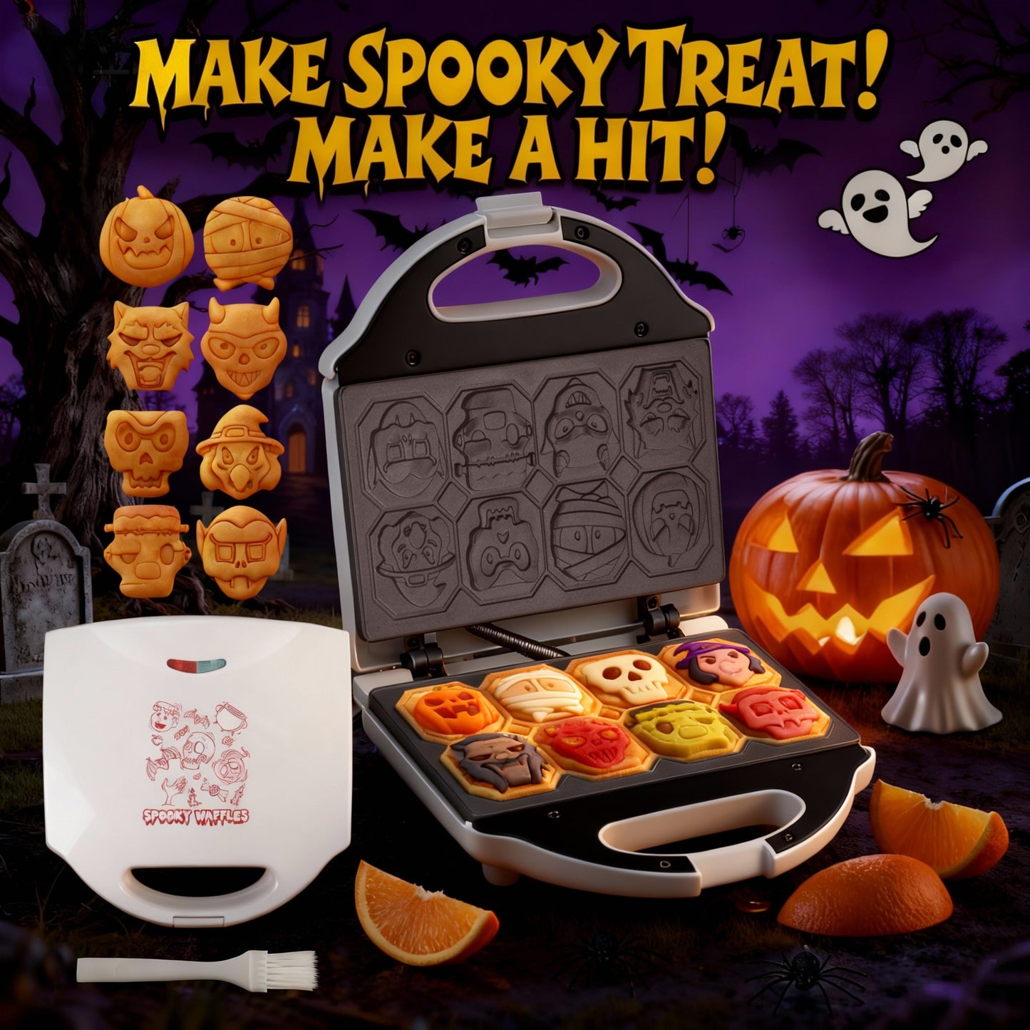 Compact Character Waffle Maker with Dinosaur, Car or Monster Clamshell Plate Style Options