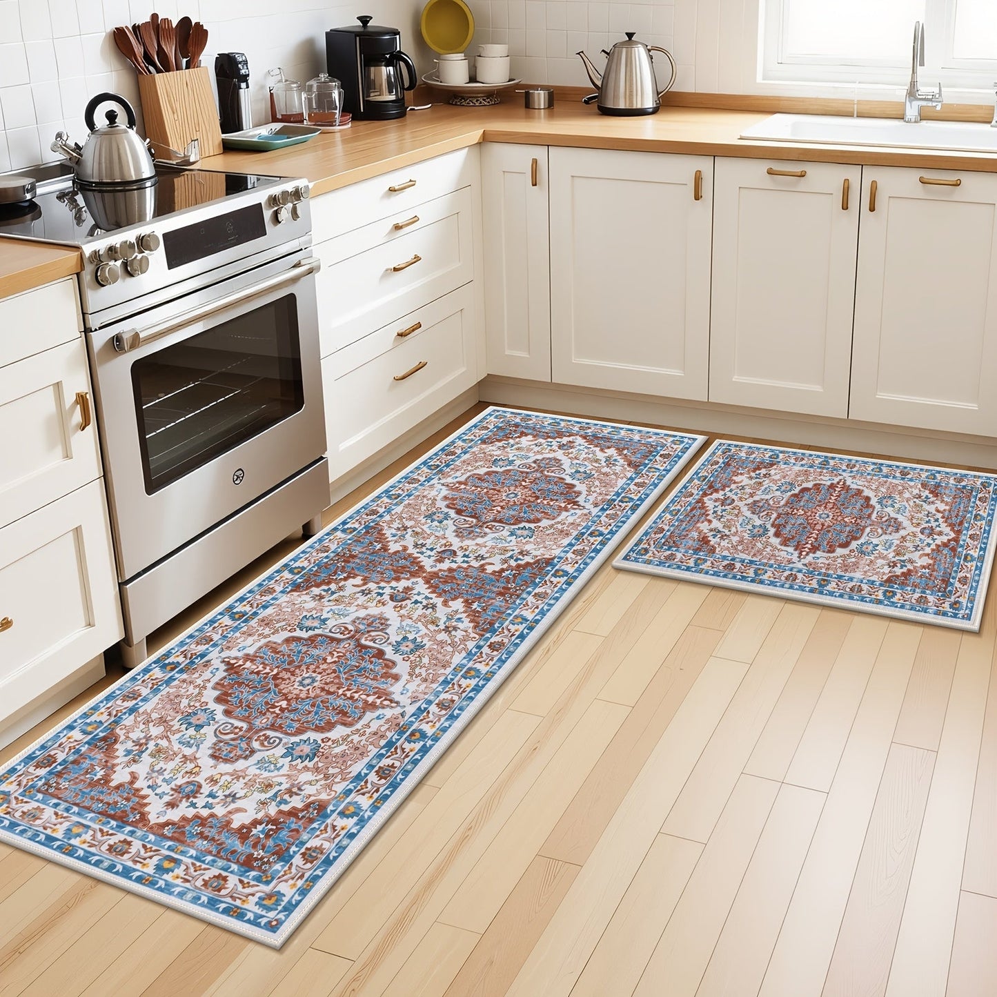 Kitchen Mat Set, 2-Piece Boho Distressed Cushioned Rugs in Five Color Patterns with 17.3x28 and 17.3x48-Inch Sizes