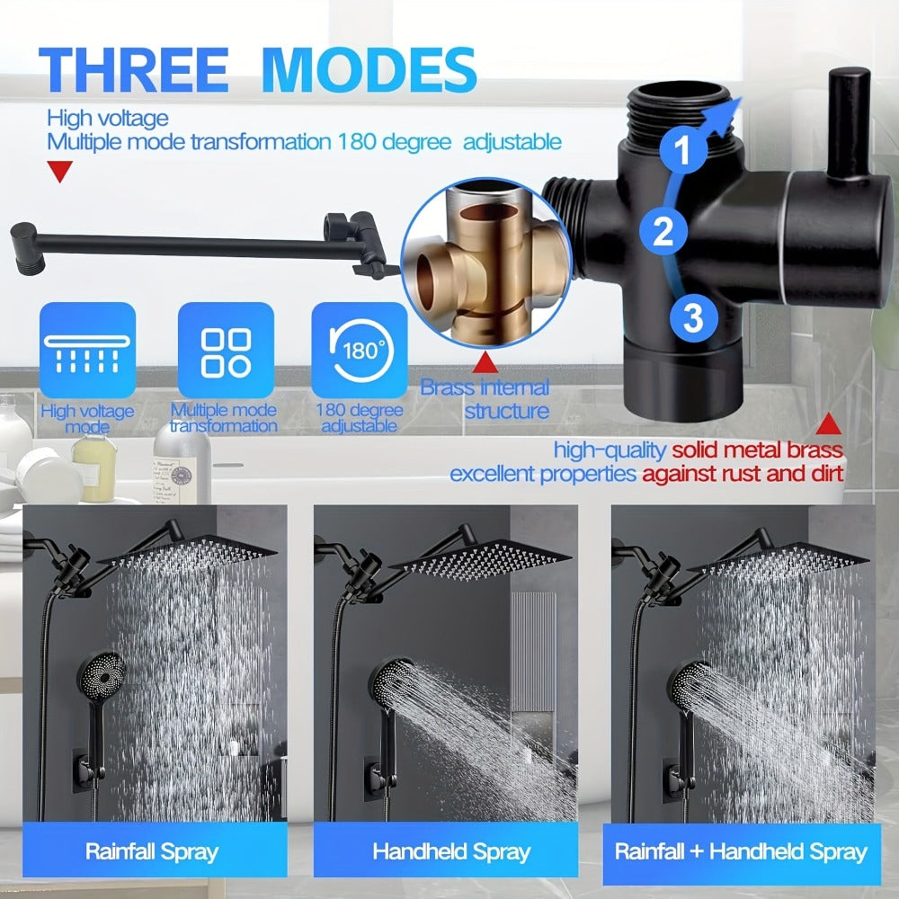 High Pressure Rainfall Handheld Shower Head Combo, 11-Inch Extension Arm, 9 Settings, 180° Adjustable, Anti-Leak with Holder