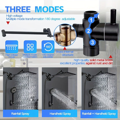 High Pressure Rainfall Handheld Shower Head Combo, 11-Inch Extension Arm, 9 Settings, 180° Adjustable, Anti-Leak with Holder