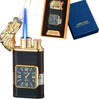 Double Flame Windproof Lighter Creative Retro Metal Lighter Dragon Eagle Gun Shape Quartz Dial Portable Outdoor Lighter Men Gift Box Butane