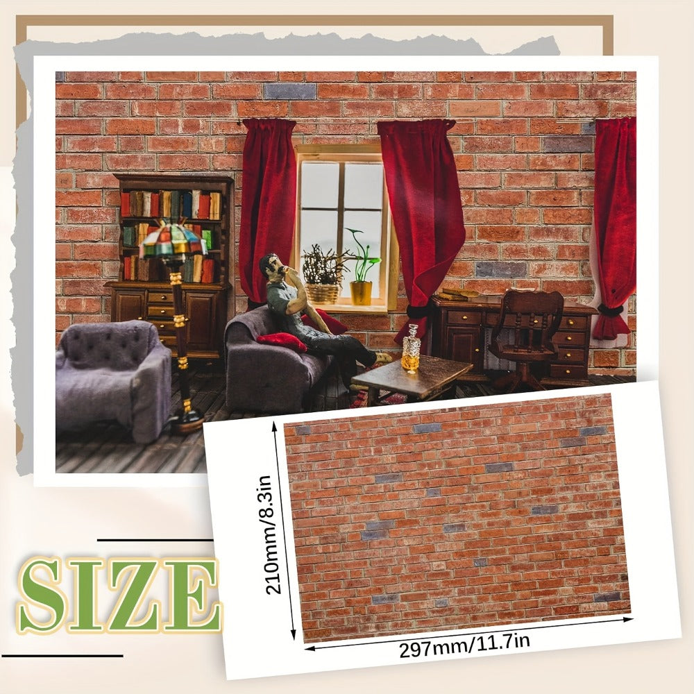 Dollhouse Wallpaper Flooring Peel Stick 12 Sheets Red Clinker Brick Miniature Self-Adhesive Paper for 1:12 Scale Dollhouse DIY Craft Room