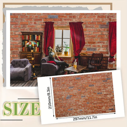 Dollhouse Wallpaper Flooring Peel Stick 12 Sheets Red Clinker Brick Miniature Self-Adhesive Paper for 1:12 Scale Dollhouse DIY Craft Room