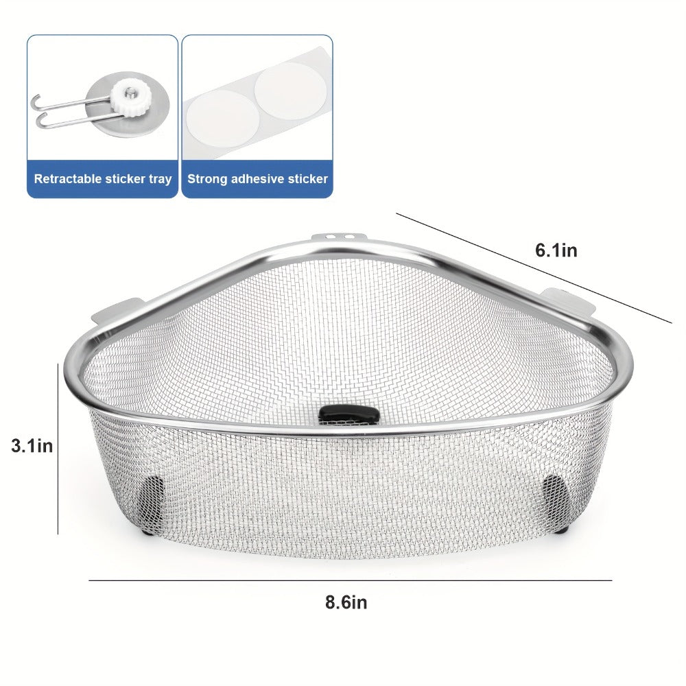 Stainless Steel Sink Strainer Basket 304 Grade Triangular Space-Saving Design, Dual-Use Stand & Hang