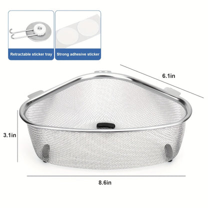 Stainless Steel Sink Strainer Basket 304 Grade Triangular Space-Saving Design, Dual-Use Stand & Hang