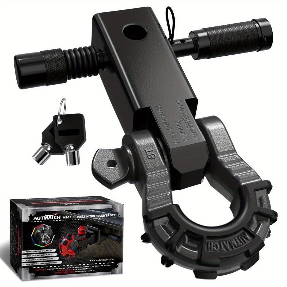 Shackle Hitch Receiver 2-Inch 68, 000 lb Break Strength with 3/4" D-Ring & 5/8" Hitch Lock Pin – Heavy Duty Drop Forged Steel 8-Ton Vehicle