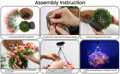 Solar Hanging Flower Basket with RGB String Lights, 10 Inch Artificial Flowers, Dusk-to-Dawn Auto On