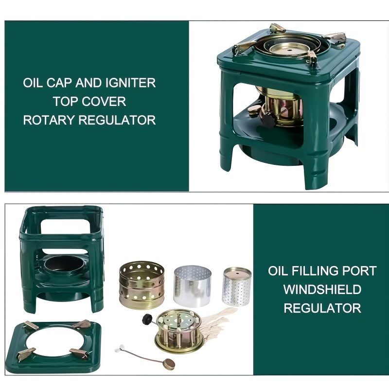 Military Green Kerosene Camping Stove with Pot Supports and Adjustable Wick Control, 740g Outdoor-Only Cooking Unit