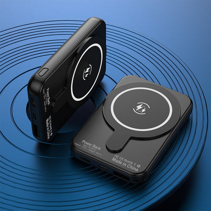 Black 10000mAh-Labeled Magnetic Wireless Power Bank with Dual USB-A Ports and Indicator Lights