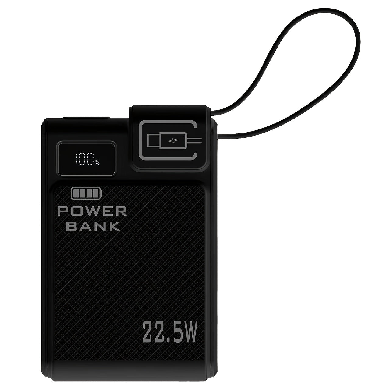 10000mAh Power Bank with 22.5W Label, Built-In USB-A and USB-C Cables, Three Outputs and Display