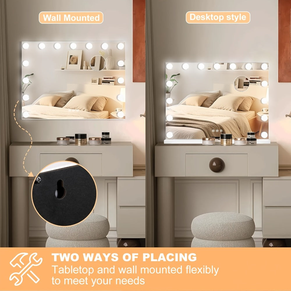 Hollywood Vanity Mirror with 15 Dimmable Bulbs, 23 x 18 Inch Frame, Three Light Colors and USB Port