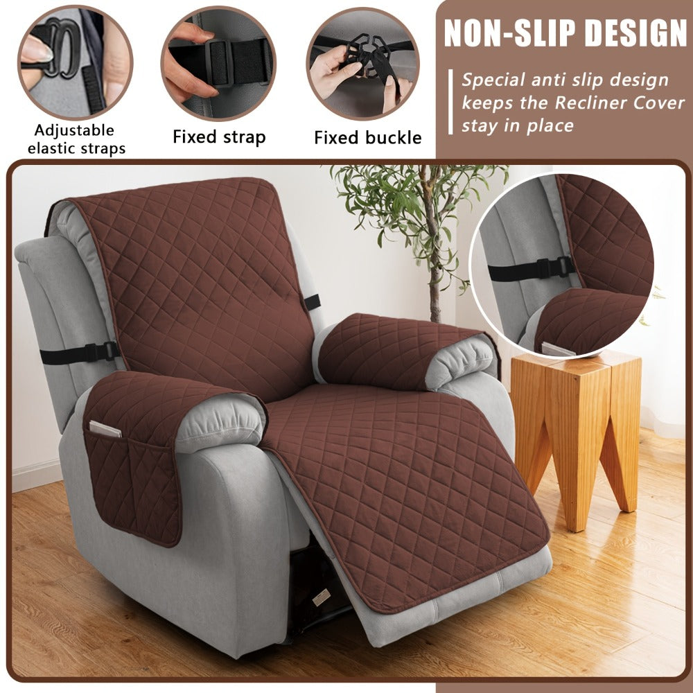 Diamond-Quilted One-Piece Recliner Chair Cover with Side Pocket, Buckle Strap and Eight Colors