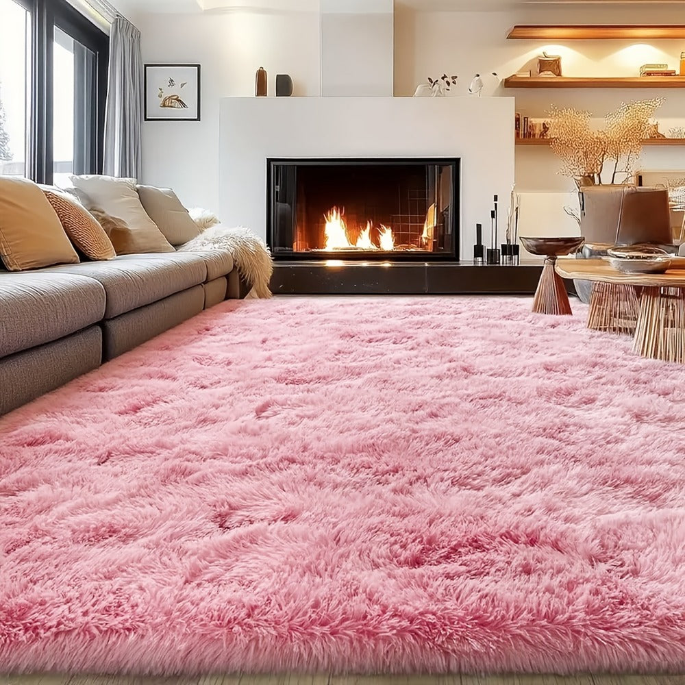 Area Rug Pink Soft Shaggy Design in Four Sizes with Placement Stickers for Bedroom or Dorm