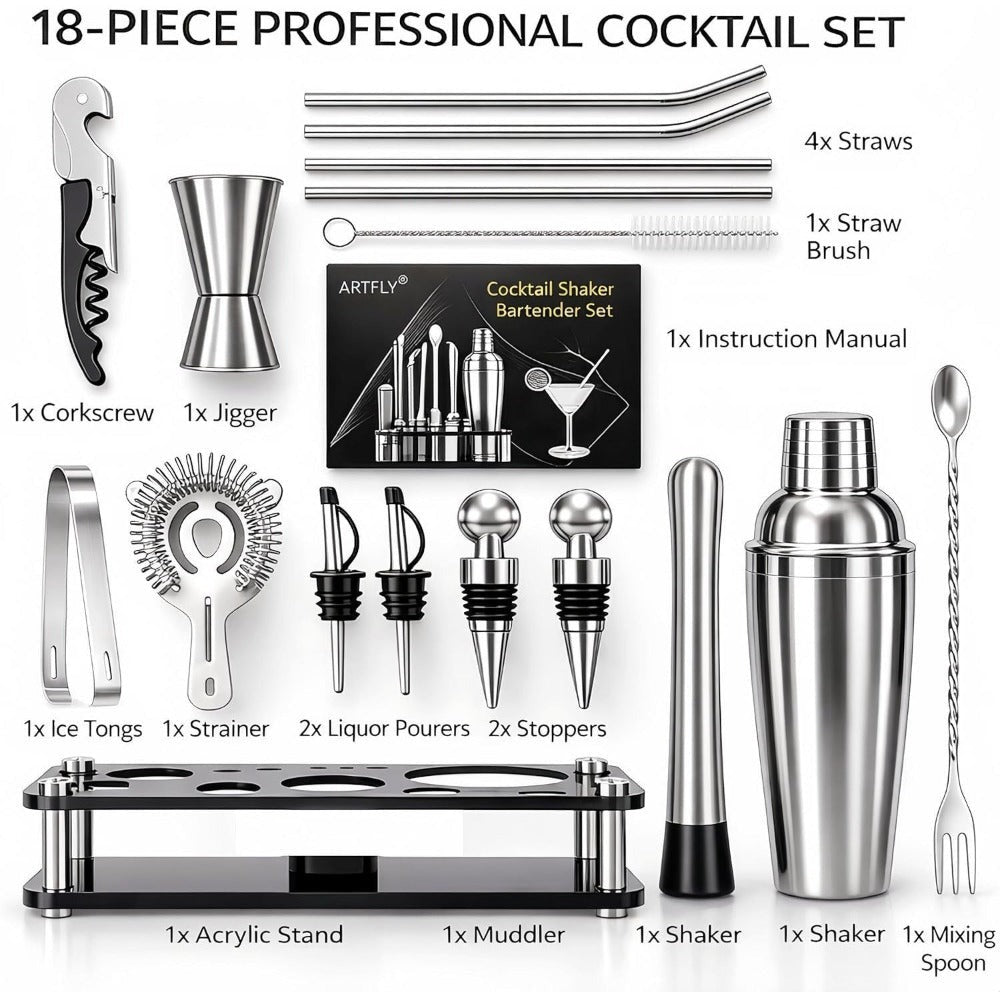 Bartender Kit 18-Piece with Acrylic Stand, 18/8 Stainless Steel Bar Set, Martini Shaker, Jigger, Muddler & Recipe Book