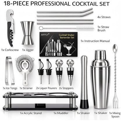 Bartender Kit 18-Piece with Acrylic Stand, 18/8 Stainless Steel Bar Set, Martini Shaker, Jigger, Muddler & Recipe Book