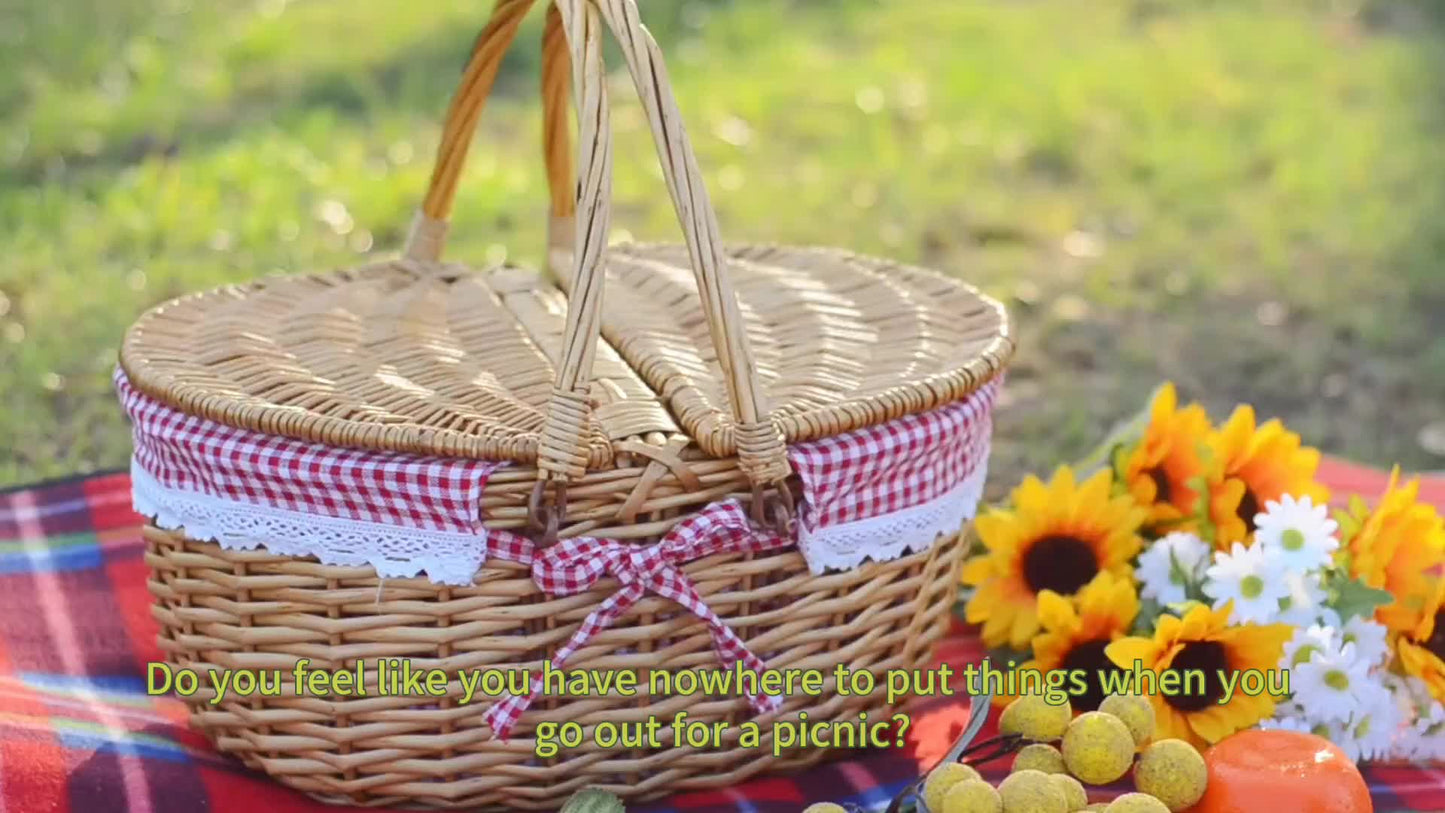 Covered Wicker Picnic Hamper with Twin Lid Panels in Red Plaid or Daisy Pattern Textile Styles