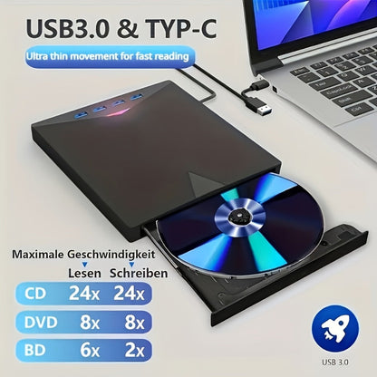 7-in-1 External DVD Drive USB 3.0 with 4 USB Ports & Dual TF/SD Card Reader - High-Speed CD/DVD Burner for Laptop Mac PC