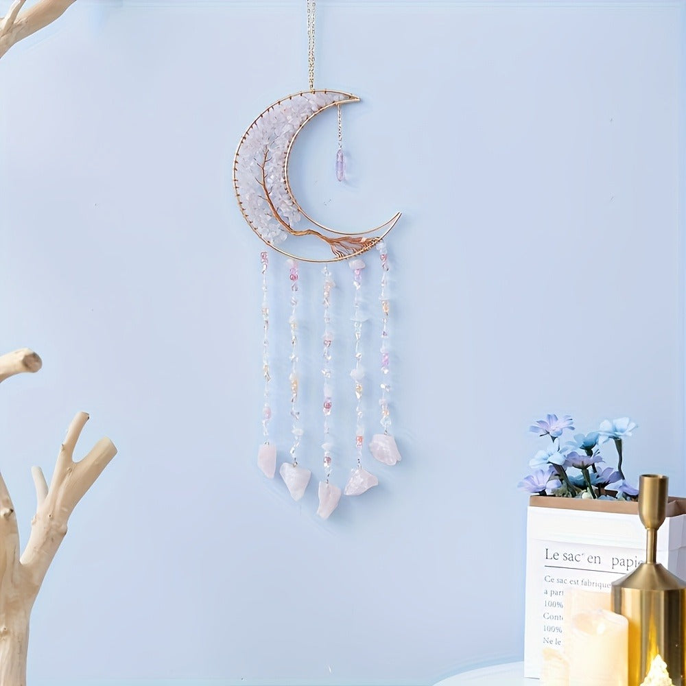 Dreamcatcher Moon Suncatcher Wall Hanging, Handmade Boho Wind Chime Pendant for Indoor Outdoor Garden