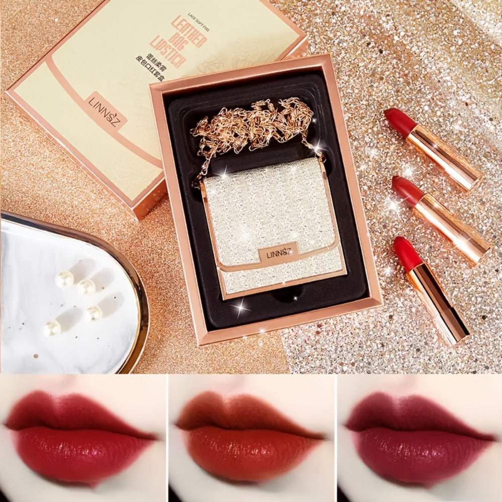Matte Lipstick Gift Set 3pcs in Silvery Chain Bag Box, Velvet Finish Waterproof Red Lip Color, Conditioning Formula 3.5g Each