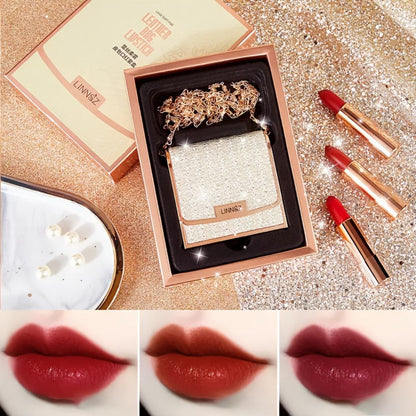 Matte Lipstick Gift Set 3pcs in Silvery Chain Bag Box, Velvet Finish Waterproof Red Lip Color, Conditioning Formula 3.5g Each