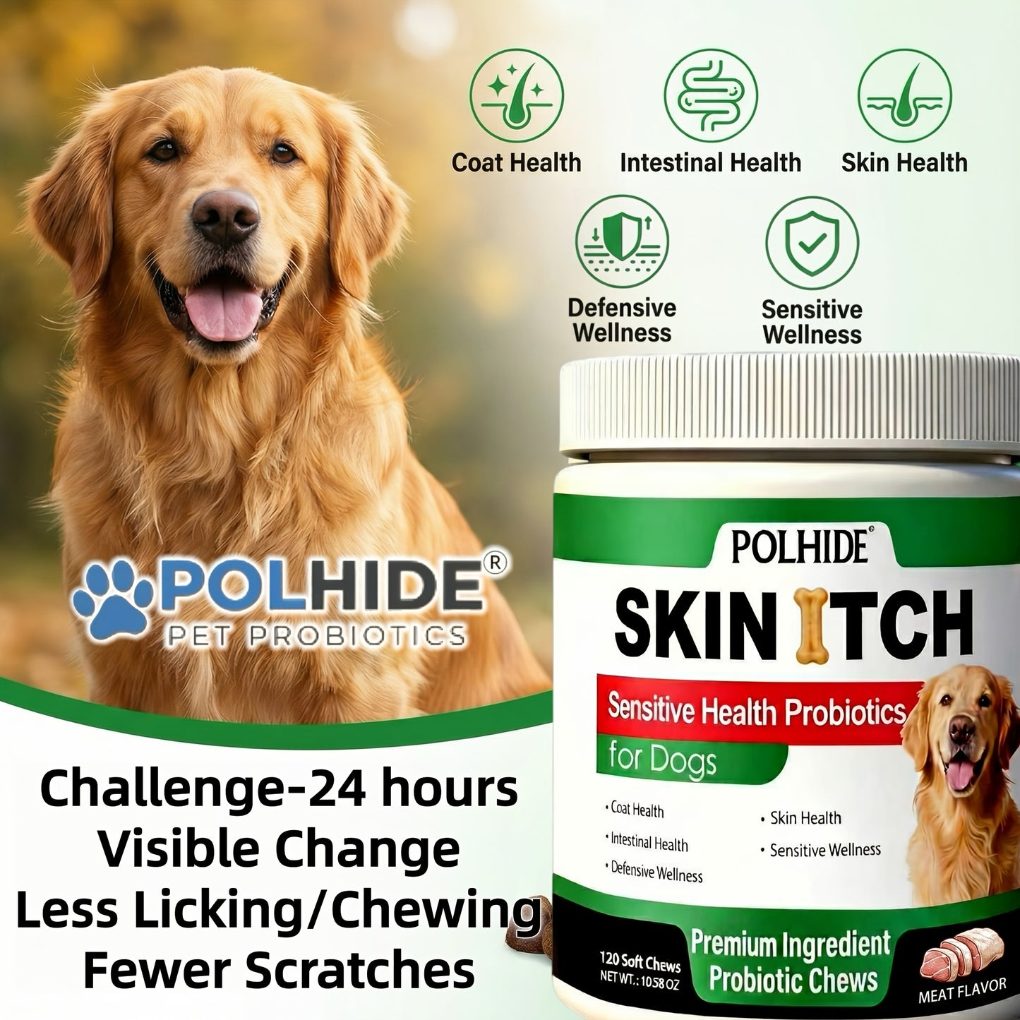 Dog Gut Health Probiotic Chews 120 Count – Yeast Supplement for Sensitive Stomach, Coat & Intestinal Wellness, Soft Meat Flavor