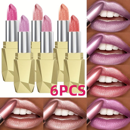 Shimmer Lipstick Set 6 Piece Waterproof Long Lasting Glossy Lip Color Coral Pink Red Purple Shades Makeup Kit for Women Travel Party Daily
