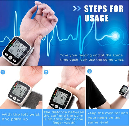 Blood Pressure Monitor for Wrist, Rechargeable LCD Device with Voice, 2 x 99 Memory and Portable Case