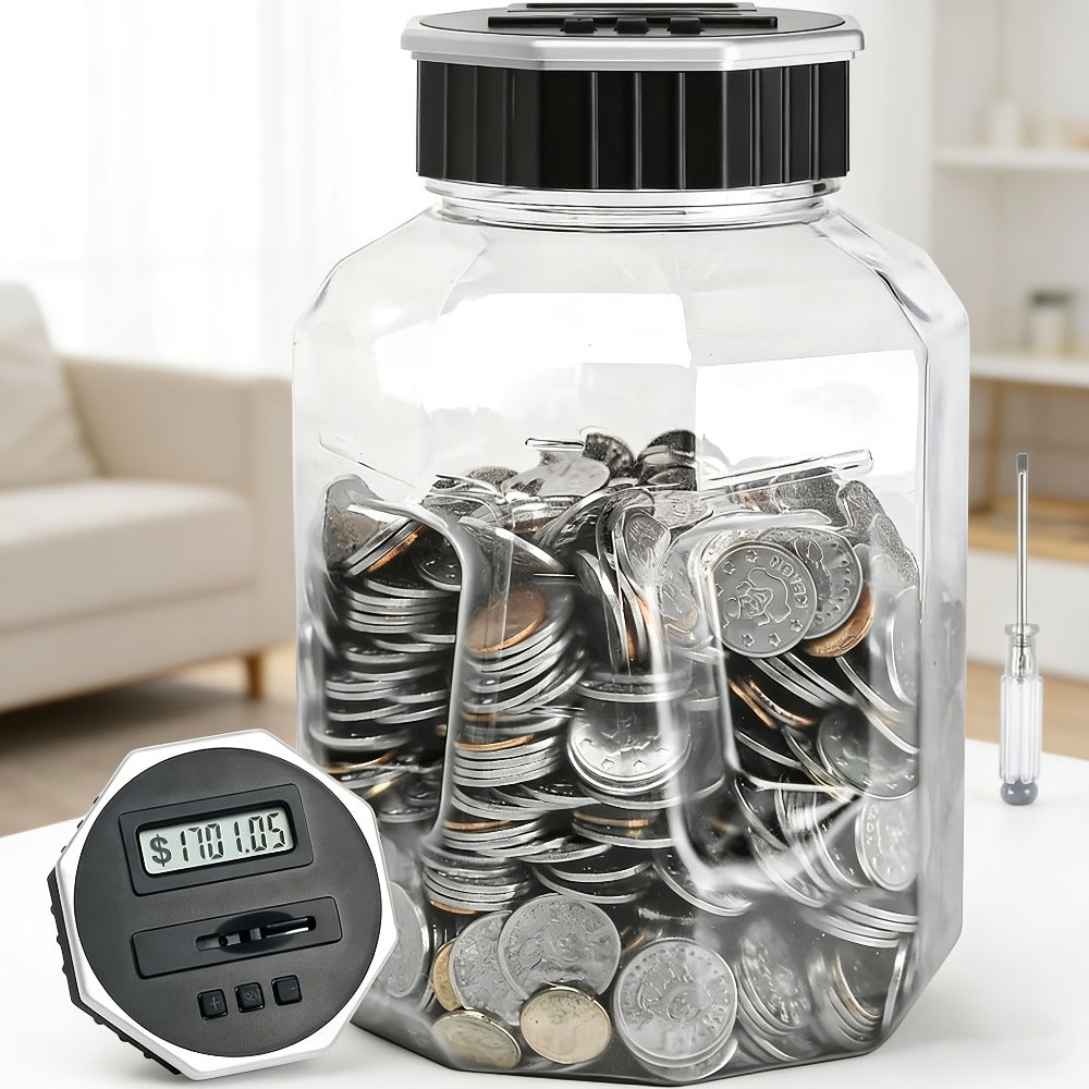 Digital Coin Counting Piggy Bank for Adults, Extra Large 2.4L LCD Counter Jar, Transparent Acrylic Money Saving Bank with Display
