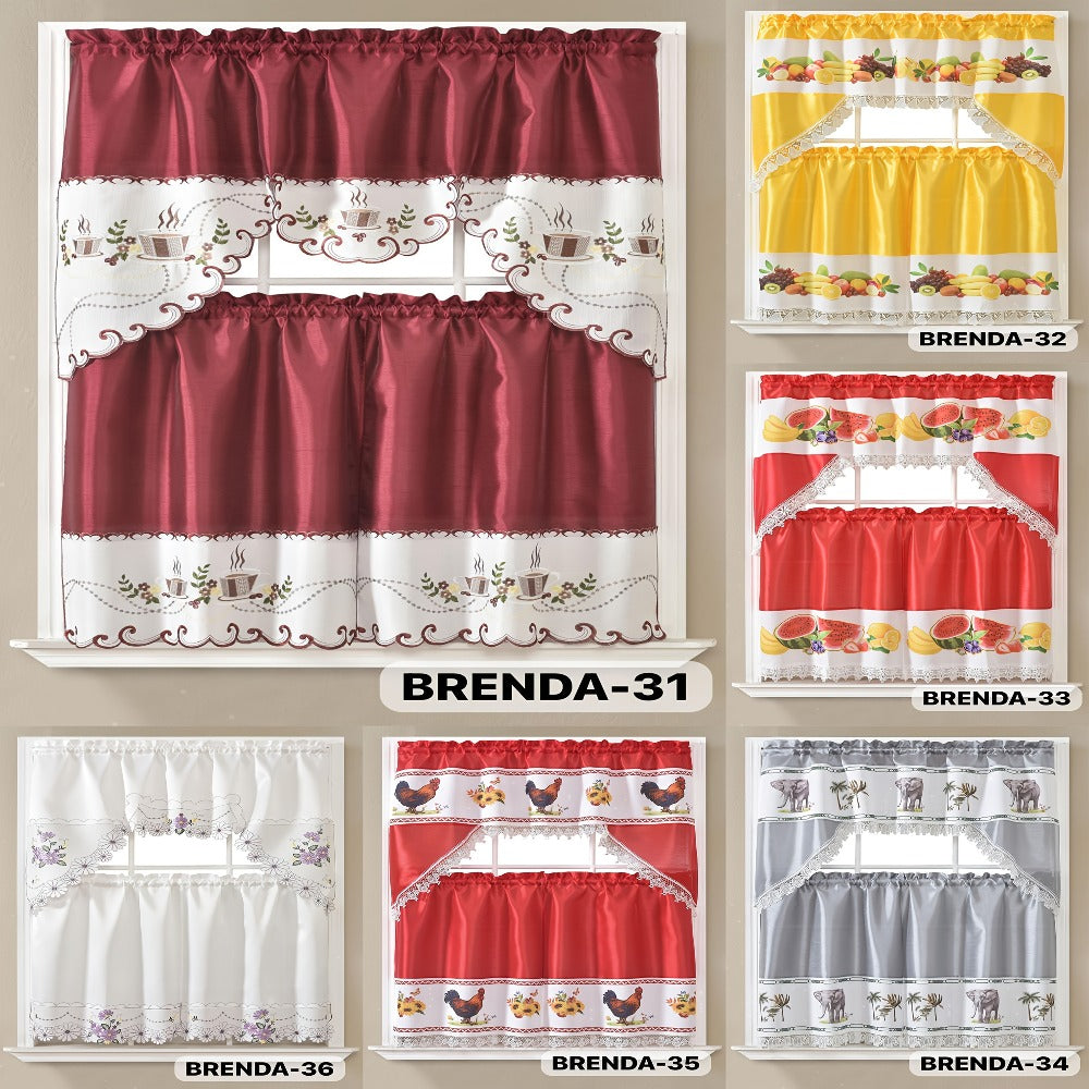 Kitchen Curtains 3 Piece Set Embroidered Satin Valance and Tiers – Rod Pocket Light Filtering Machine Washable 46 Colors
