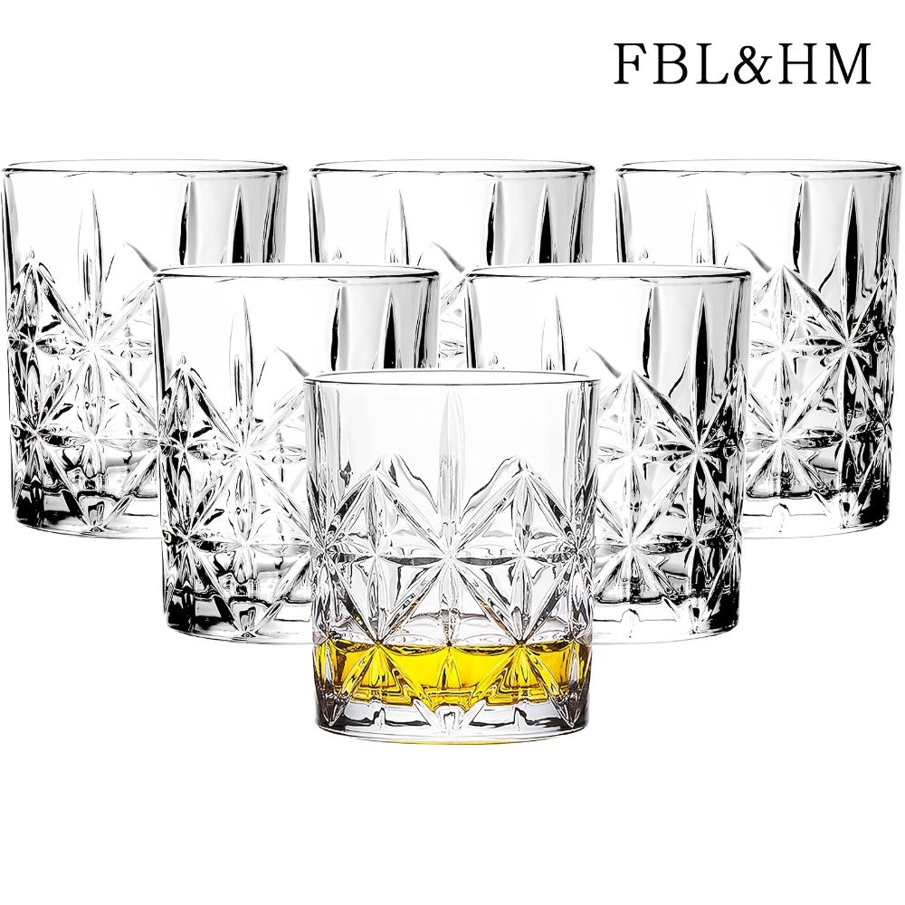 Whiskey Glasses Set of 6 - FBL&HM Crystal Old Fashioned Cocktail Glasses, 10oz Oval Stripe Bar Tumbler for Bourbon