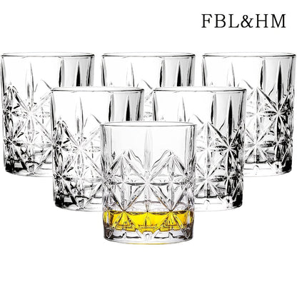 Whiskey Glasses Set of 6 - FBL&HM Crystal Old Fashioned Cocktail Glasses, 10oz Oval Stripe Bar Tumbler for Bourbon