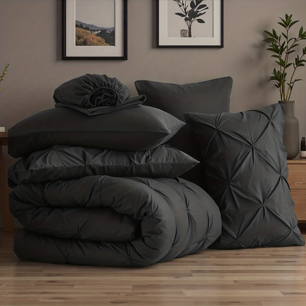 Comforter Set Luxurious Pleated 5/7pcs Bed in a Bag, Plush Fiber Fill, Year-Round Warmth - Quilted Comforter