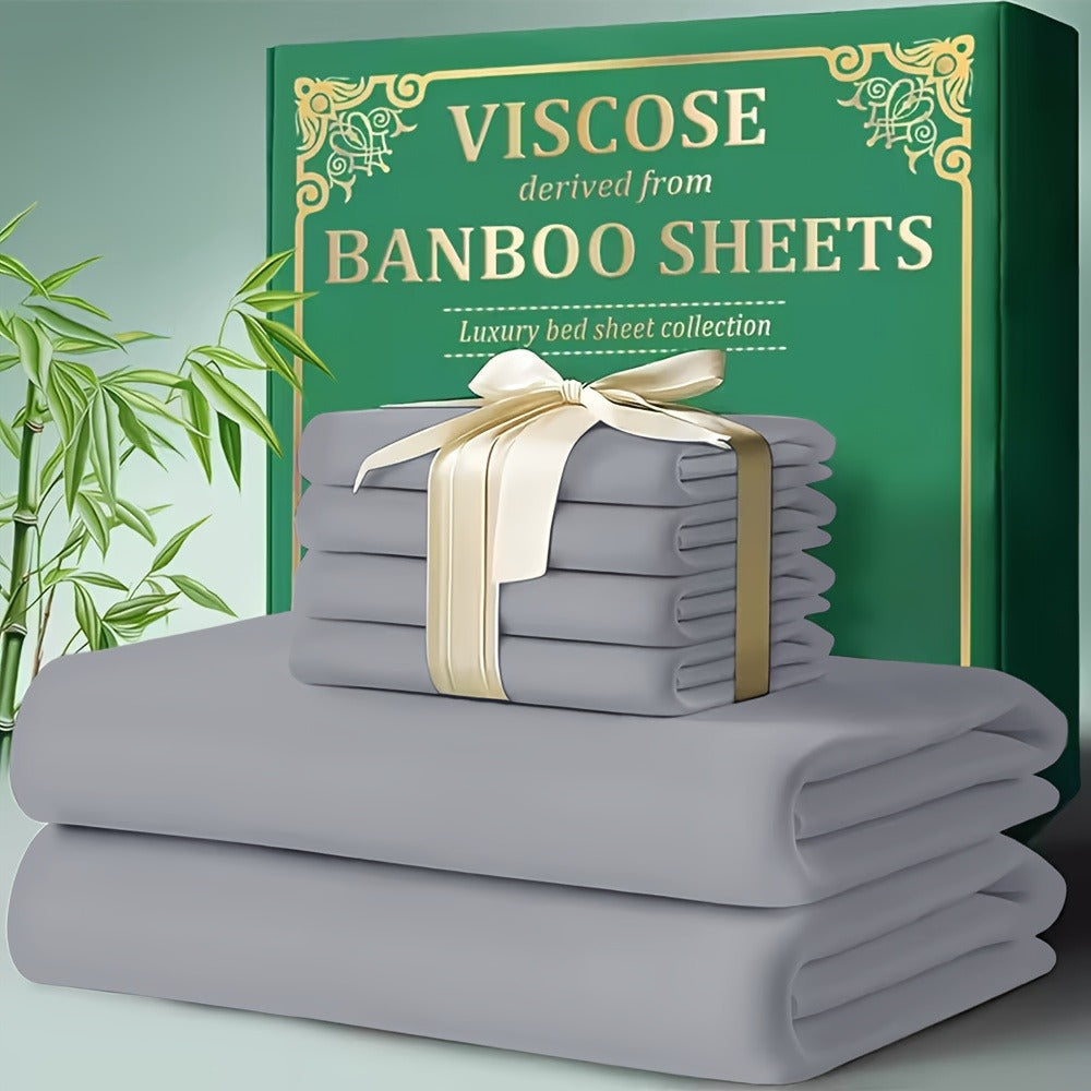 Bed Sheet Set 4-Piece Bamboo-Derived Cooling Fabric with Deep-Pocket Fitted Sheet and Four Bed Sizes