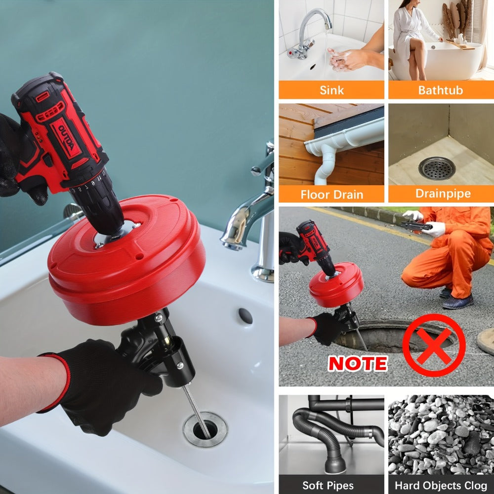 Drain Snake Auger 25ft with Drill Adapter – Manual & Drill-Powered Plumbing Snake, 1/4" Spiral Head for 1-1/4" to 3" Pipes