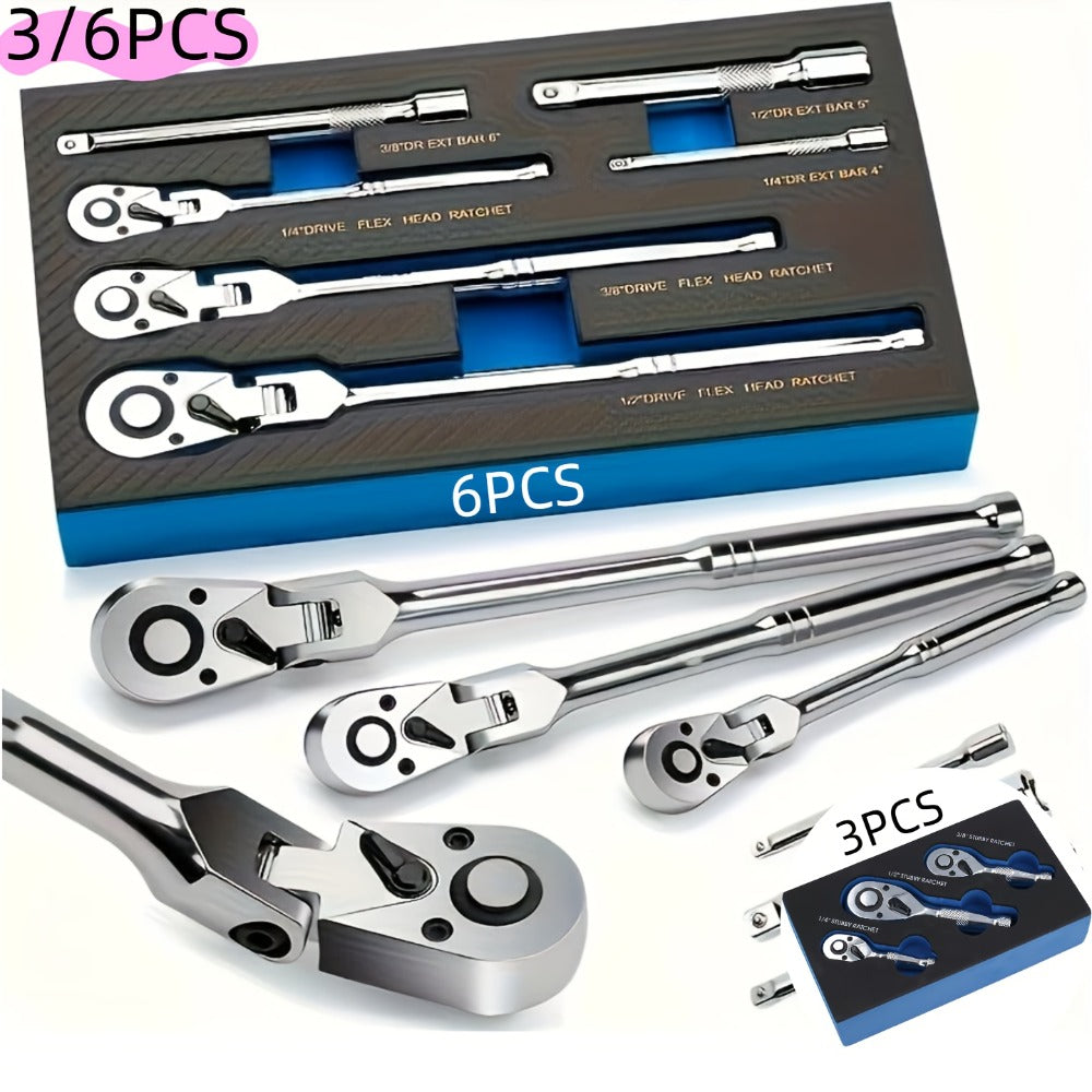 Three- or Six-Piece Flex-Head Ratchet Handle Set with 1/4, 3/8 and 1/2-Inch Drives and Extensions