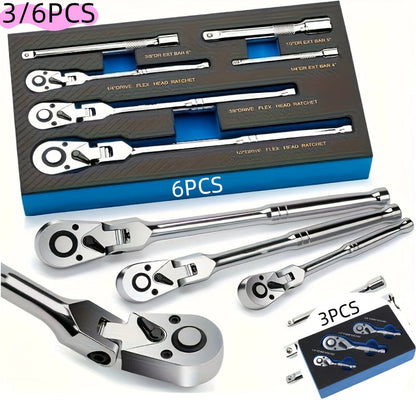 Three- or Six-Piece Flex-Head Ratchet Handle Set with 1/4, 3/8 and 1/2-Inch Drives and Extensions